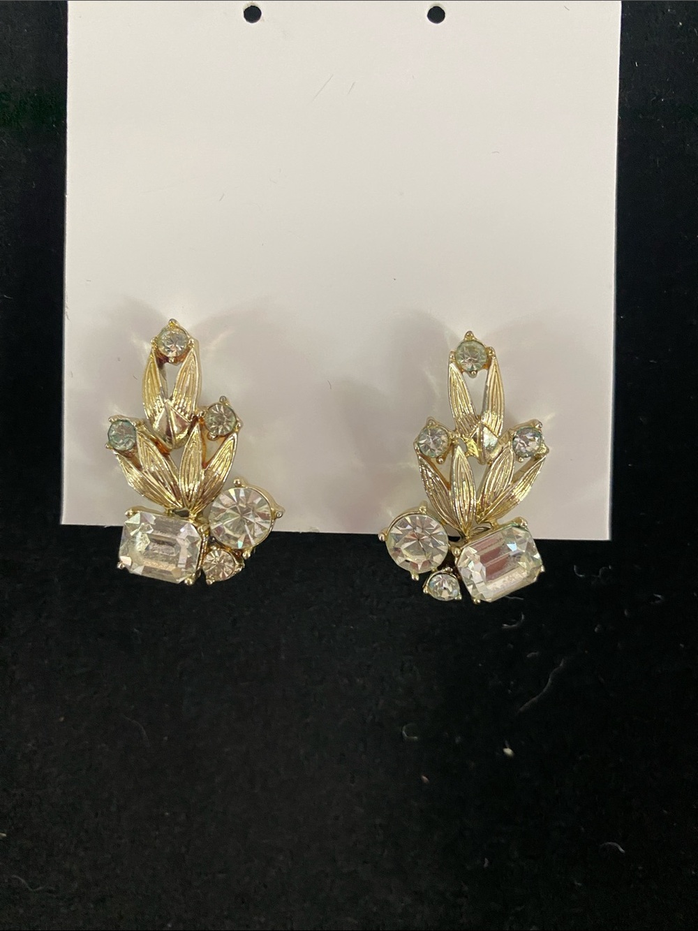 Coro Vintage Floral Clip-On Earrings - Gold Tone with Clear Stones